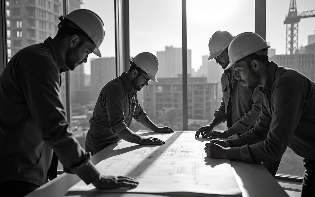 Professional real estate team at construction site