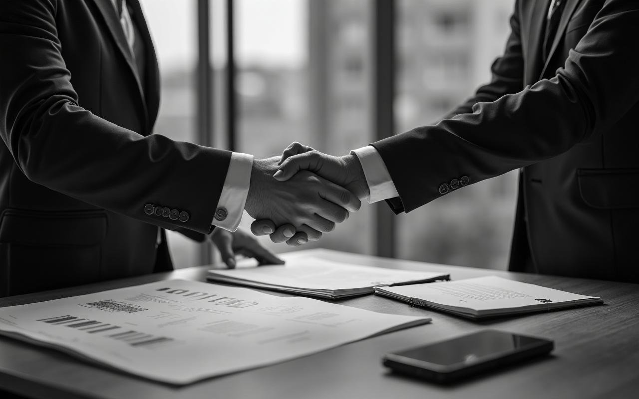 Real estate professionals closing deals with handshake, contracts and revenue focus