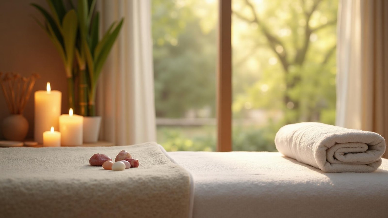 Tranquil spa treatment room with healing crystals and natural elements