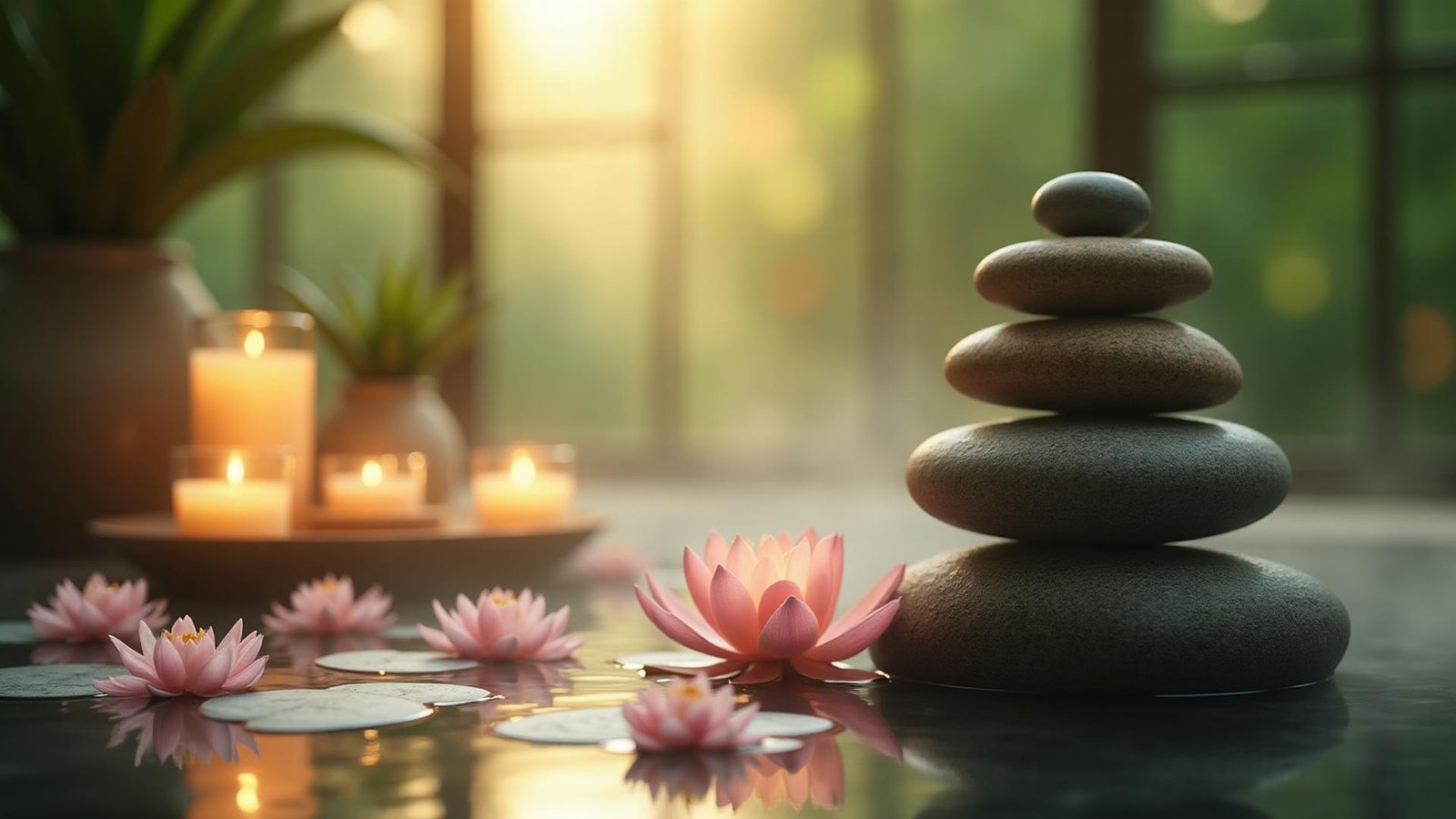 Serene spa meditation room with zen stones, lotus flowers, and peaceful candlelight